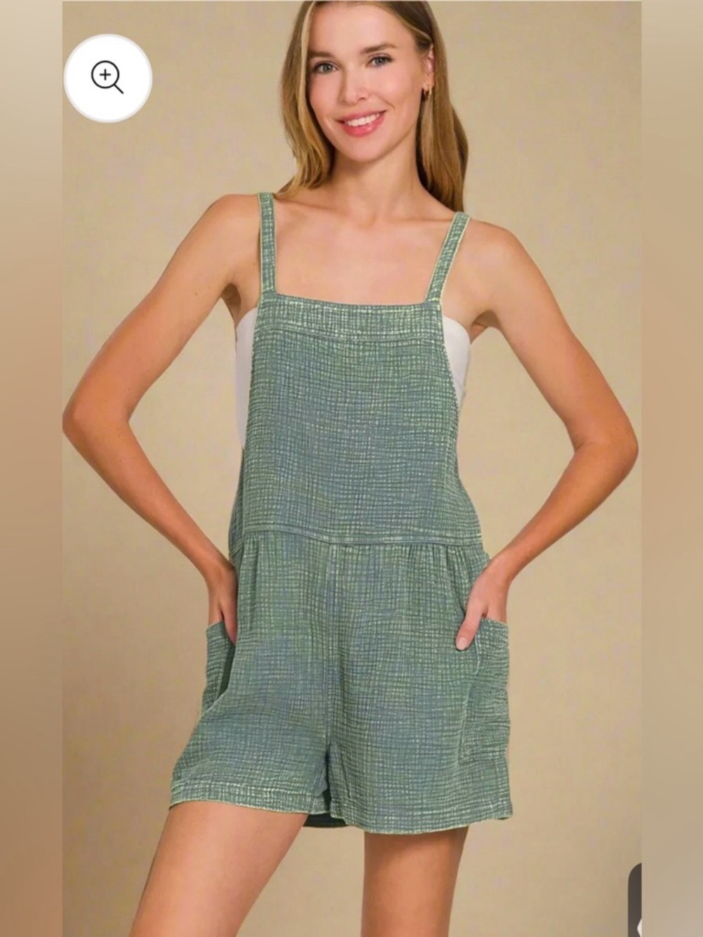 Zenana Ash Jade Textured Cotton Romper Overalls-NWOT